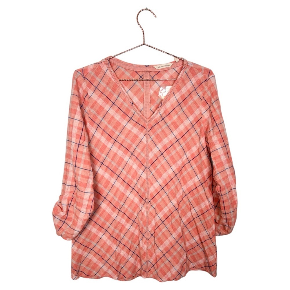 NWT Soft Surroundings Phoebe Plaid V-Neck Tunic Blouse Coral